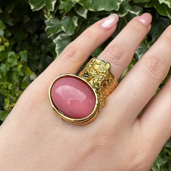 NWT Yves Saint Laurent Sz 4 RARE Pink YSL Arty Cabochon Statement 24KT Gold Ring - Picture 12 of 15